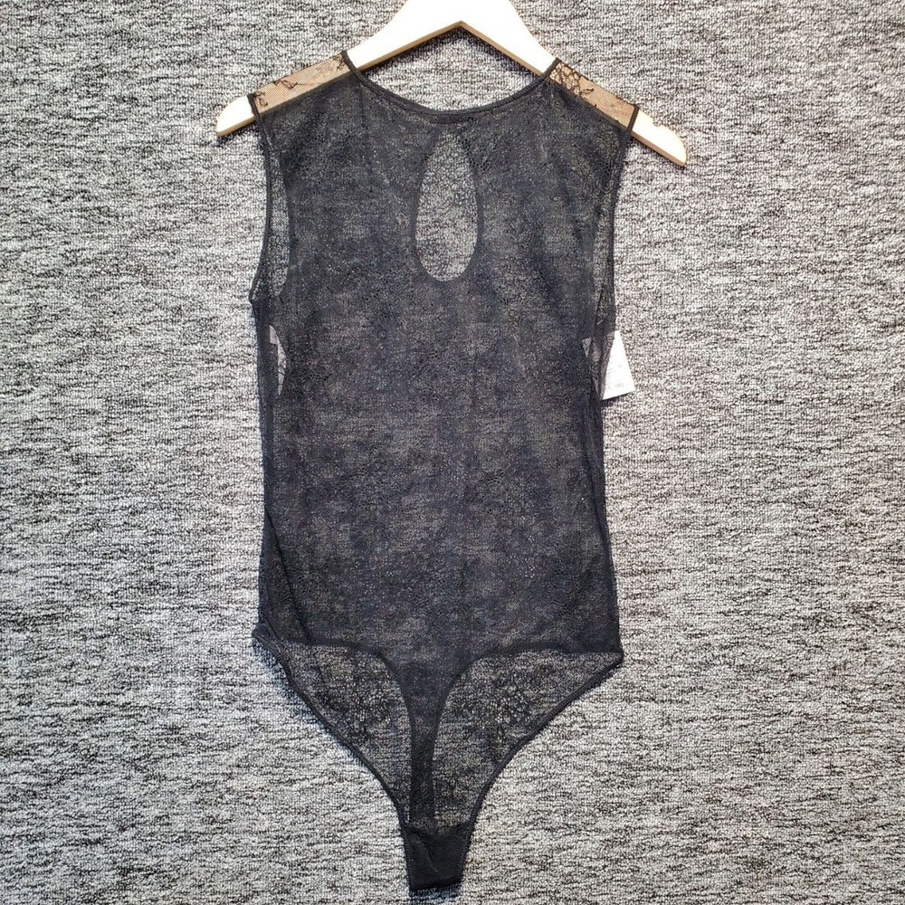 NWT Auden Bodysuit Women M Black Sheer Lace Keyhole Back Thong Lingerie